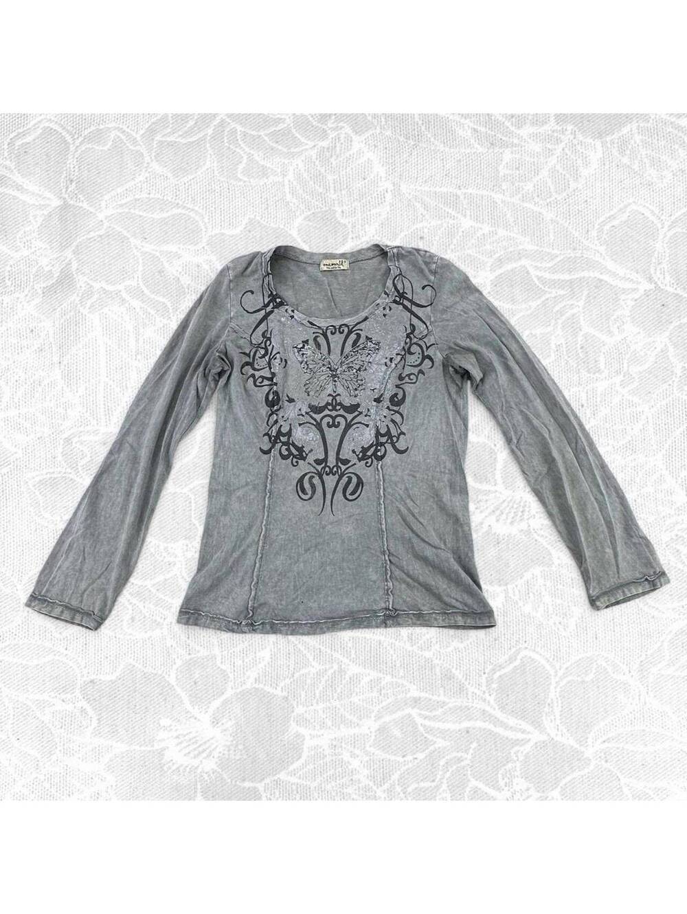 One World Gray Long Sleeve Cotton T-Shirt with Butterfly Design - Small